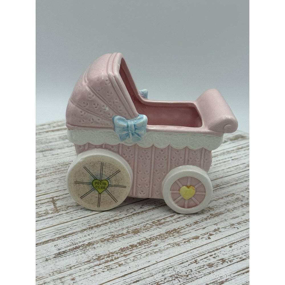 VINTAGE As Is NAPCO Pink Carriage Planter‎ Blue Bow Ceramic Taiwan Baby Shower